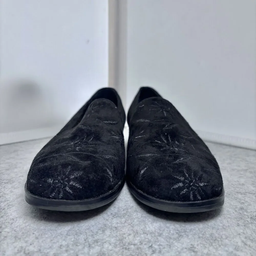 LAURA SCOTT Black Suede Loafers Women’s 9.5M Embossed Floral Slip On Flats